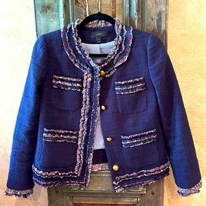 J Crew, Size 2 Tweed Navy lined short jacket.